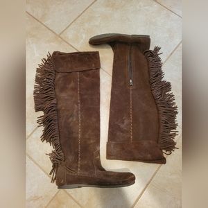 Minnetonka Fringed Dark Brown Moccasin Boots